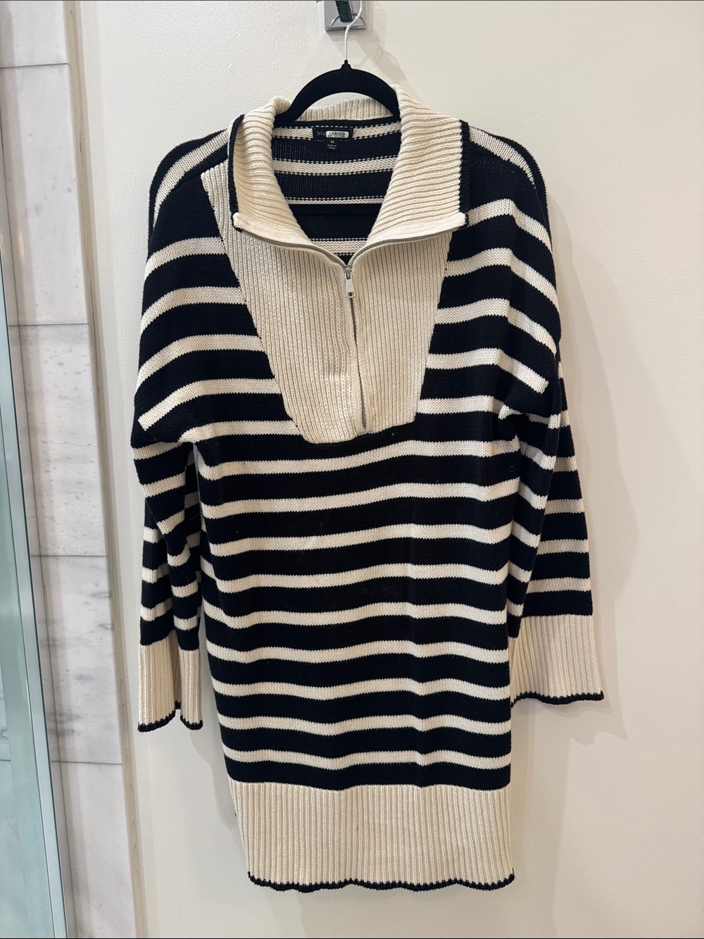 Striped Black and Cream Zip-Front Turtleneck Sweater